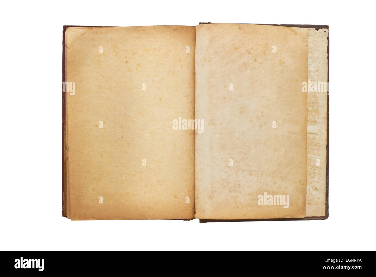Alten aufgeschlagenes Buch mit leeren Seiten isoliert auf weißem Hintergrund Stockfoto