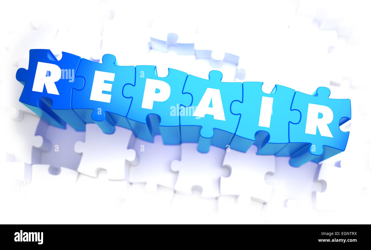 Reparatur - Wort in blauer Farbe auf Volume Puzzle. Stockfoto
