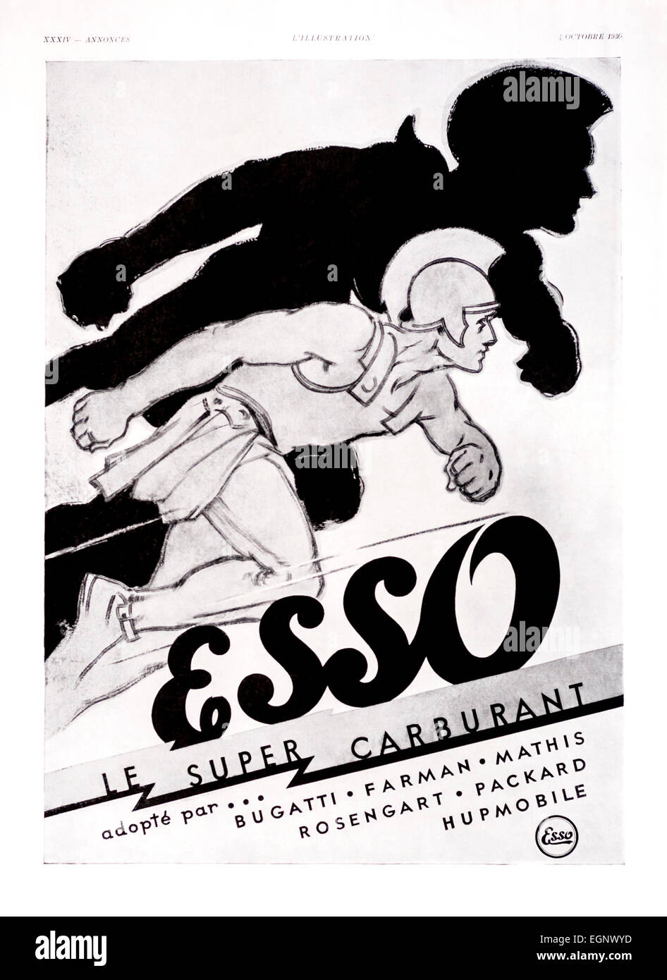 1930 Anzeige für "Esso" Benzin aus dem französischen Magazin "L'Illustration". Stockfoto