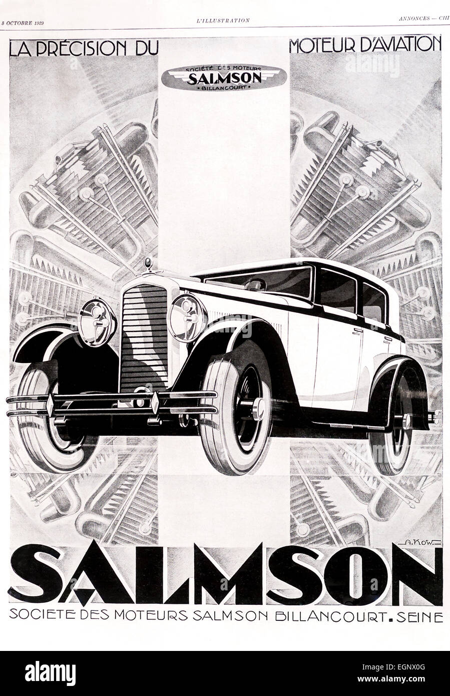 1929 Anzeige für "Salmson" Auto aus dem französischen Magazin "L'Illustration". Stockfoto