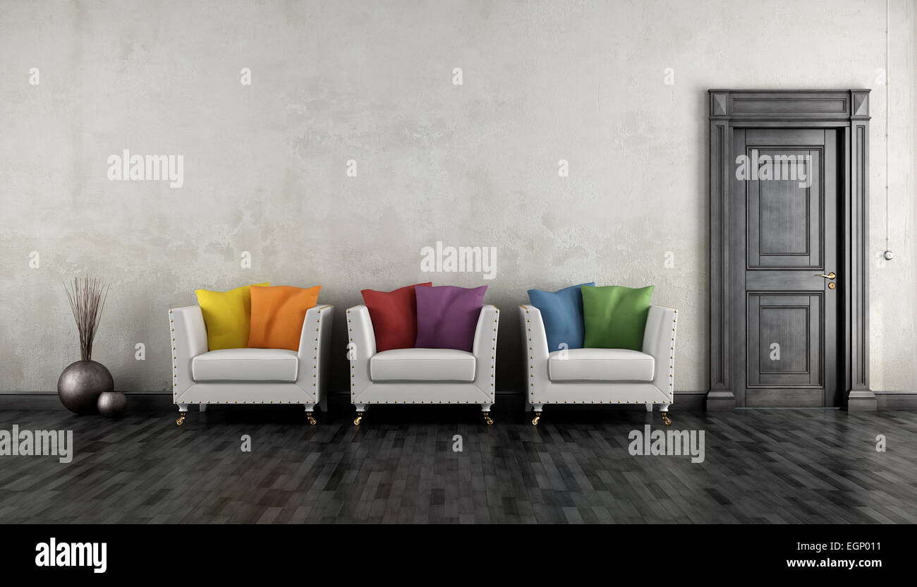 Retro-Wohnzimmer mit bunten Sessel und schwarze geschlossene Tür - 3D rendering Stockfoto