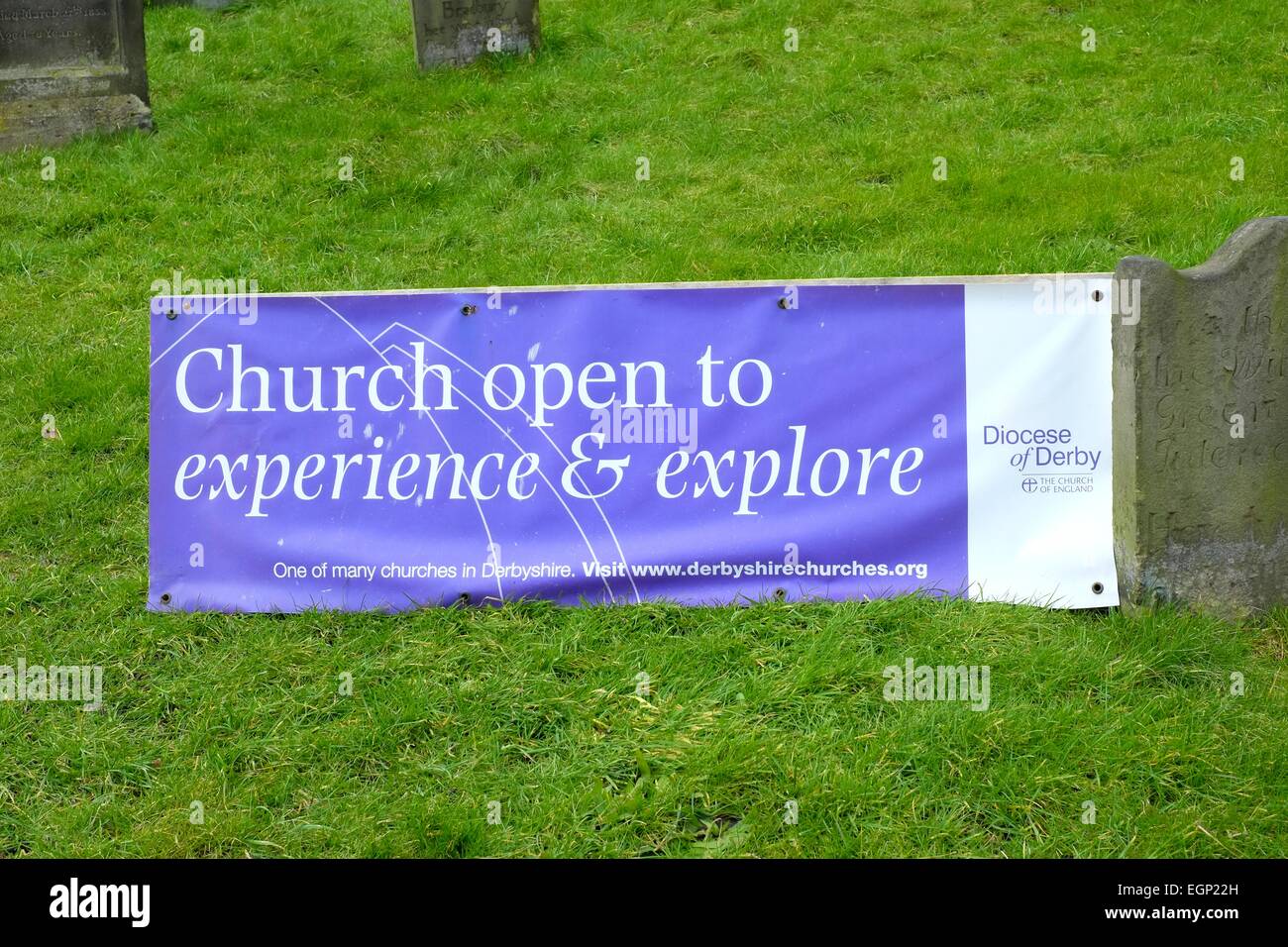 Diözese von Derby-Banner-Werbung, dass die Kirche offen zu erleben und zu entdecken Stockfoto