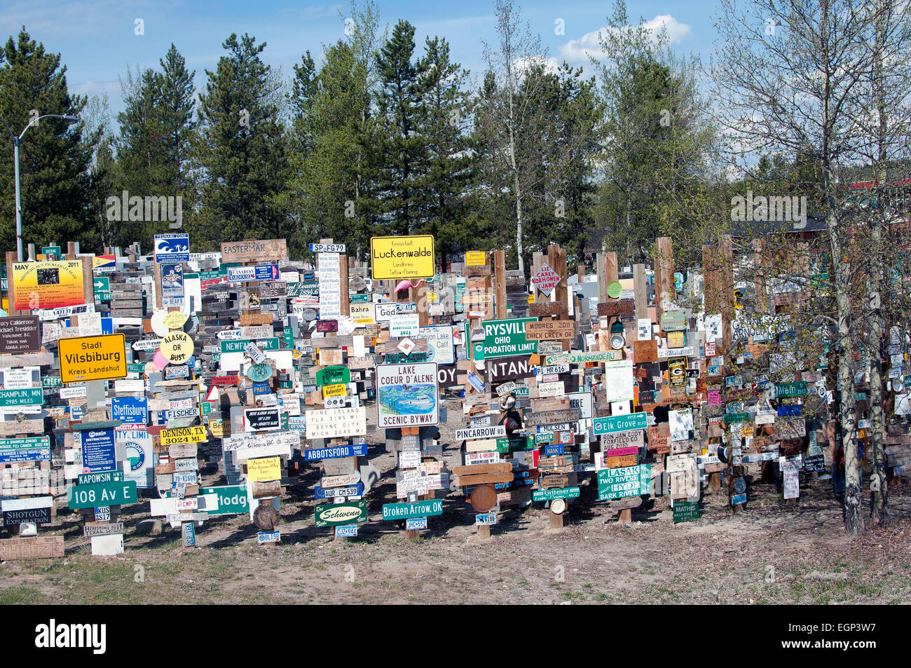Wegweiser froest in Watson Lake Yukon Kanada Stockfoto