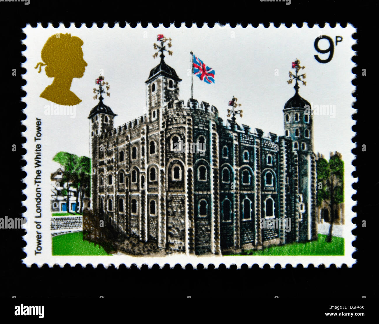 Briefmarke. Great Britain. Königin Elizabeth II. 1978 britische Architektur. Historische Gebäude. Der Tower of London. 9p. Stockfoto