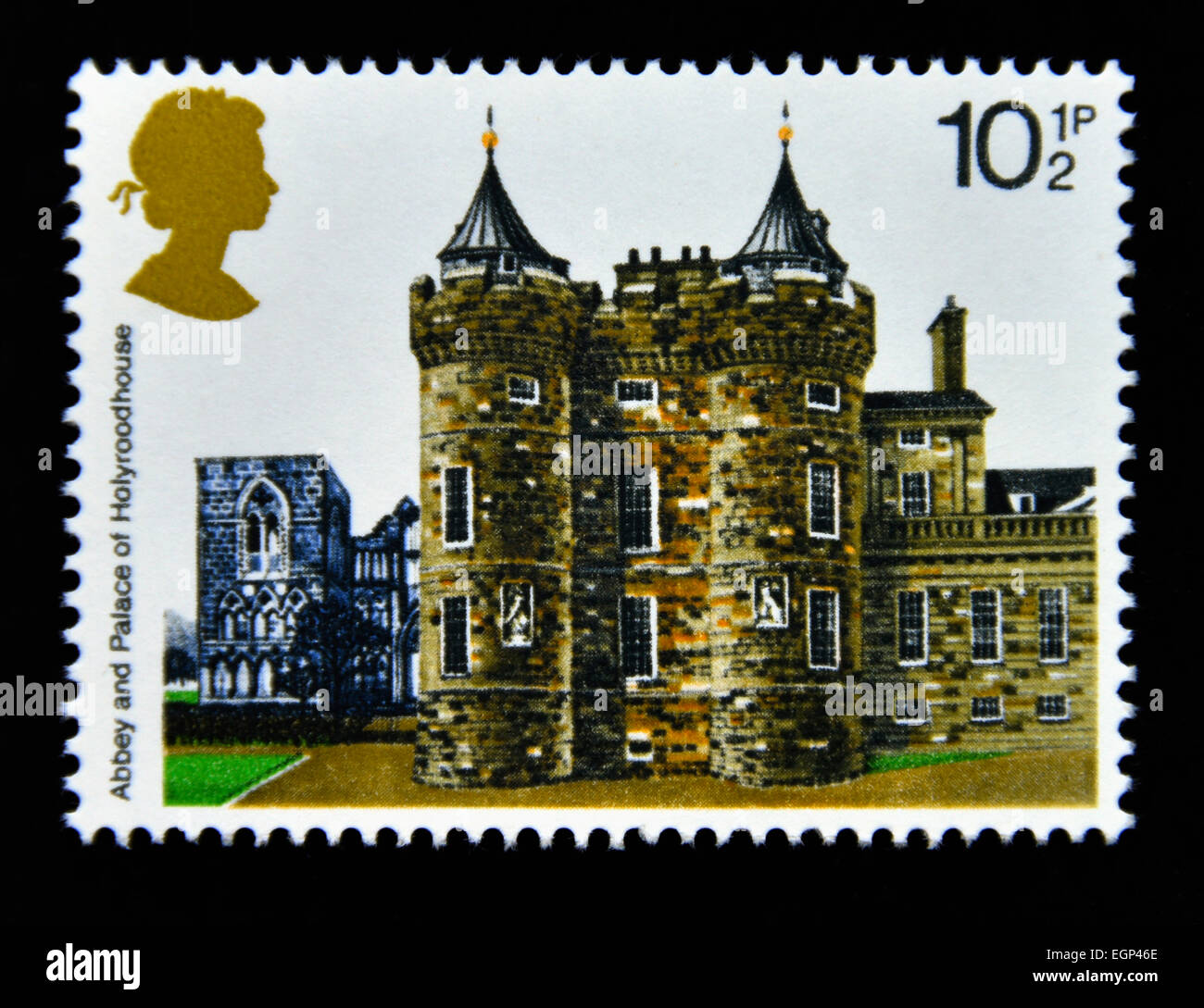 Briefmarke. Great Britain. Königin Elizabeth II. 1978 britische Architektur. Historische Gebäude. Holyroodhouse. Stockfoto
