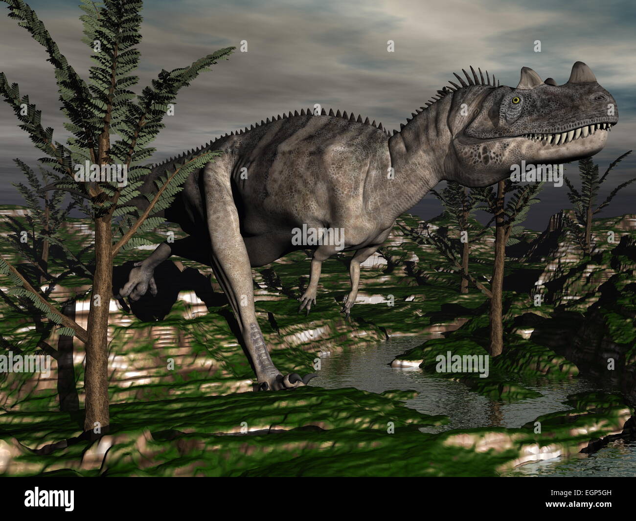 Ceratosaurus Dinosaurier zu Fuß unter Pachypteris Bäumen 3D render