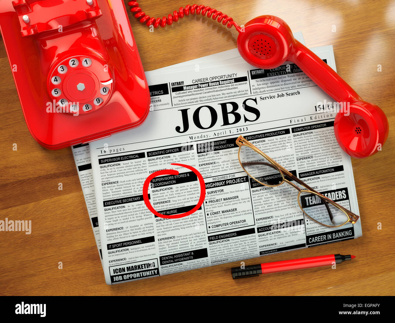 Auf der Suche nach einem Job. Jobs Stellenangebote. Zeitung mit Werbung,  Gläser und Mobile. 3D Stockfotografie - Alamy