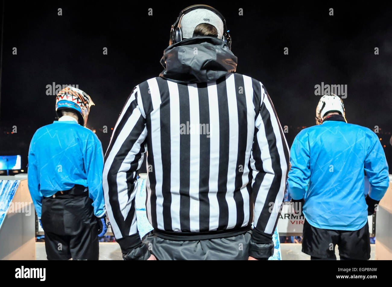 Belfast, Nordirland. 20.02.2015 - Alterspräsident an der Startlinie des Red Bull Crashed Ice Stockfoto