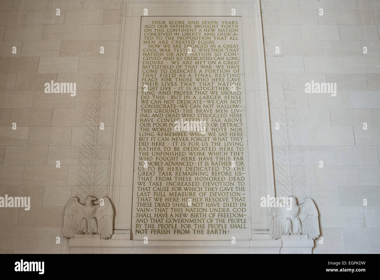 WASHINGTON DC, USA - Der Text der Gettysburg Address in der südlichen Mauer in das Lincoln Memorial in Washington DC geätzt. Stockfoto