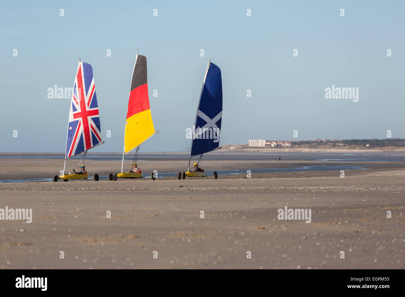 Land-Yachten am Strand von Le Touquet-Paris-Plage, Frankreich Stockfoto
