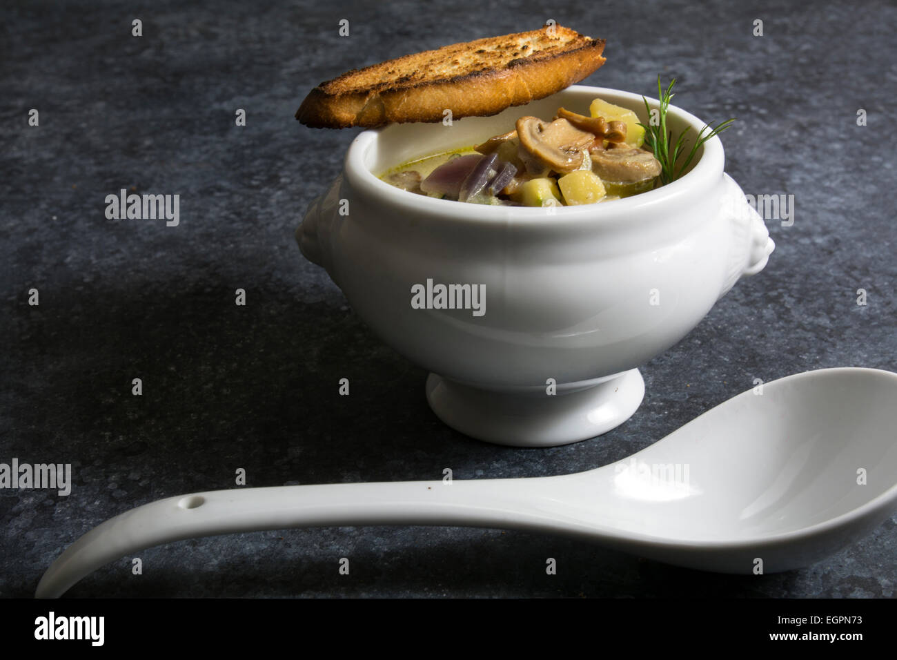 Gemüsesuppe in weiße Schüssel auf einem dunklen Hintergrund mit Textur Stockfoto