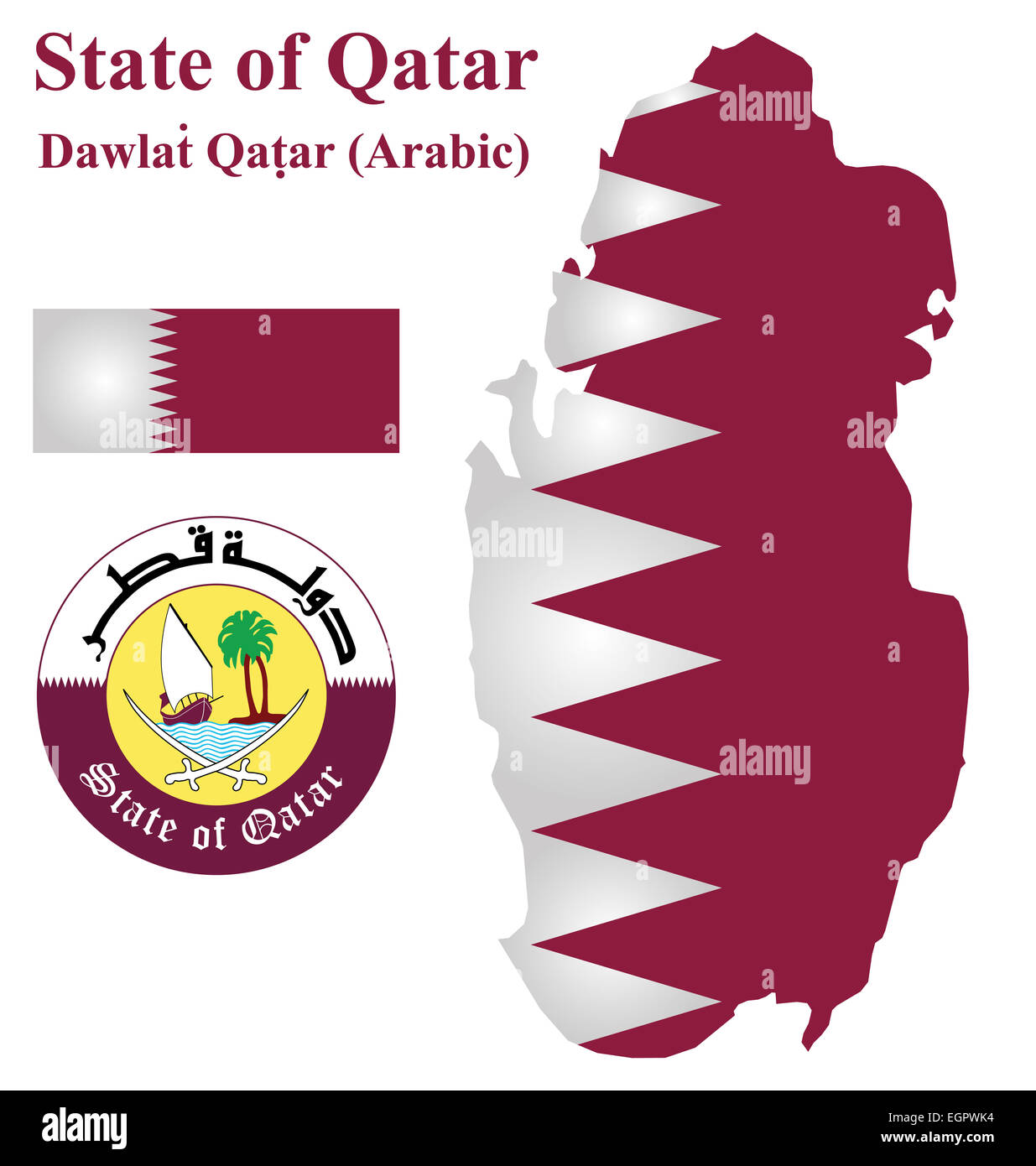 Staat Auf Der Arabischen Halbinsel 5 Buchstaben Flagge und Staatswappen der arabischen Staat Katar Stockfotografie - Alamy