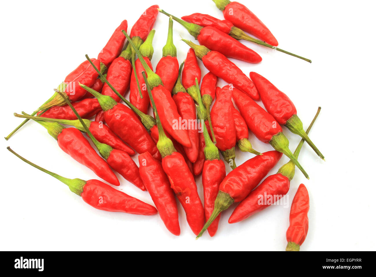 kleine rote hot Chillies in weißem Hintergrund Stockfoto