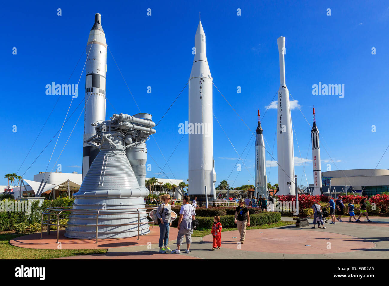 Rocket Garden mit ausgemusterte Interkontinentalraketen innerhalb das NASA Space Center in Cape Canaveral, Florida, USA Stockfoto