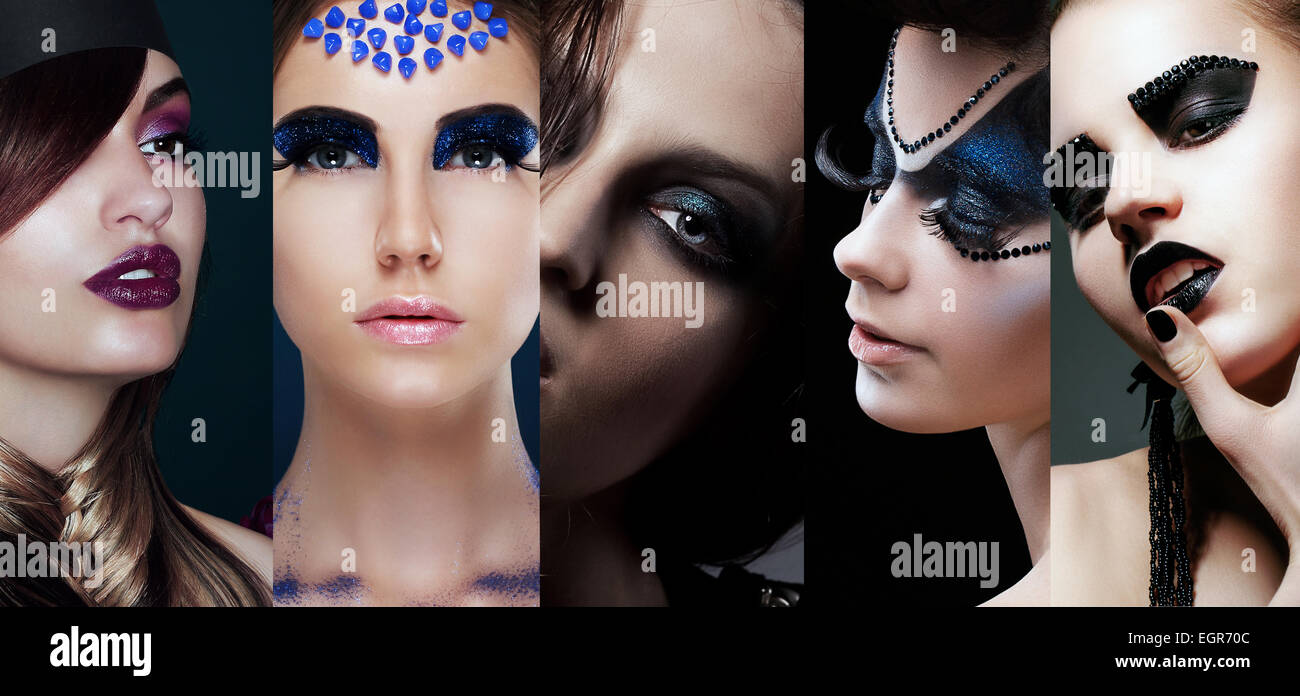 Schönheit-Collage. Frauen mit ungewöhnlichen Make-up Stockfoto