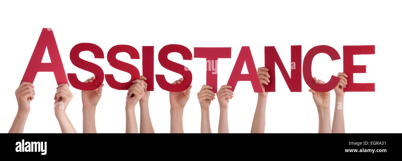 Viele kaukasische Menschen und Händen mit roten geraden Buchstaben oder Zeichen Gebäude isoliert englische Wort Hilfe am Pfingstmontag Stockfoto