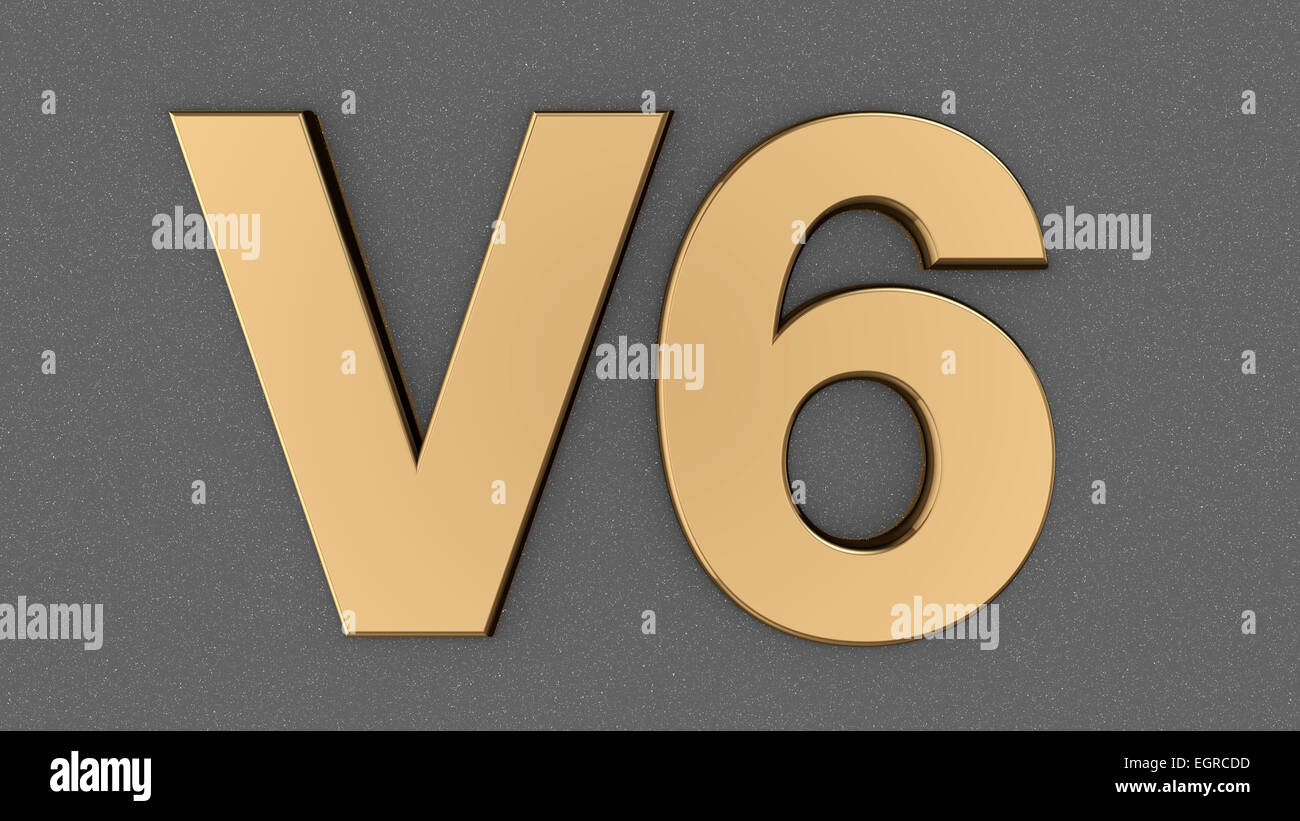 V6 Zeichen, Label, Abzeichen, Emblem oder Designelement auf Auto print. Stockfoto