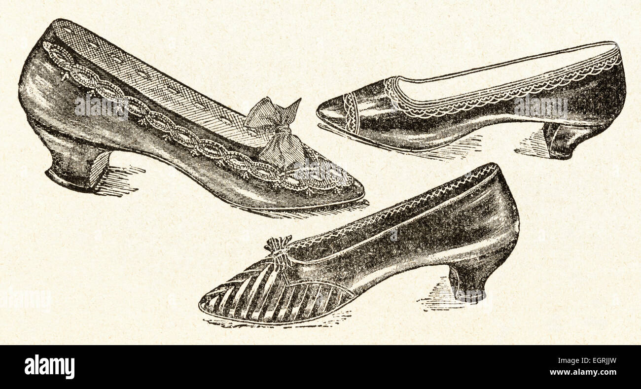 Viktorianische Frau Modeillustration ca. 1895 Auswahl an modischen Schuhen Stockfoto