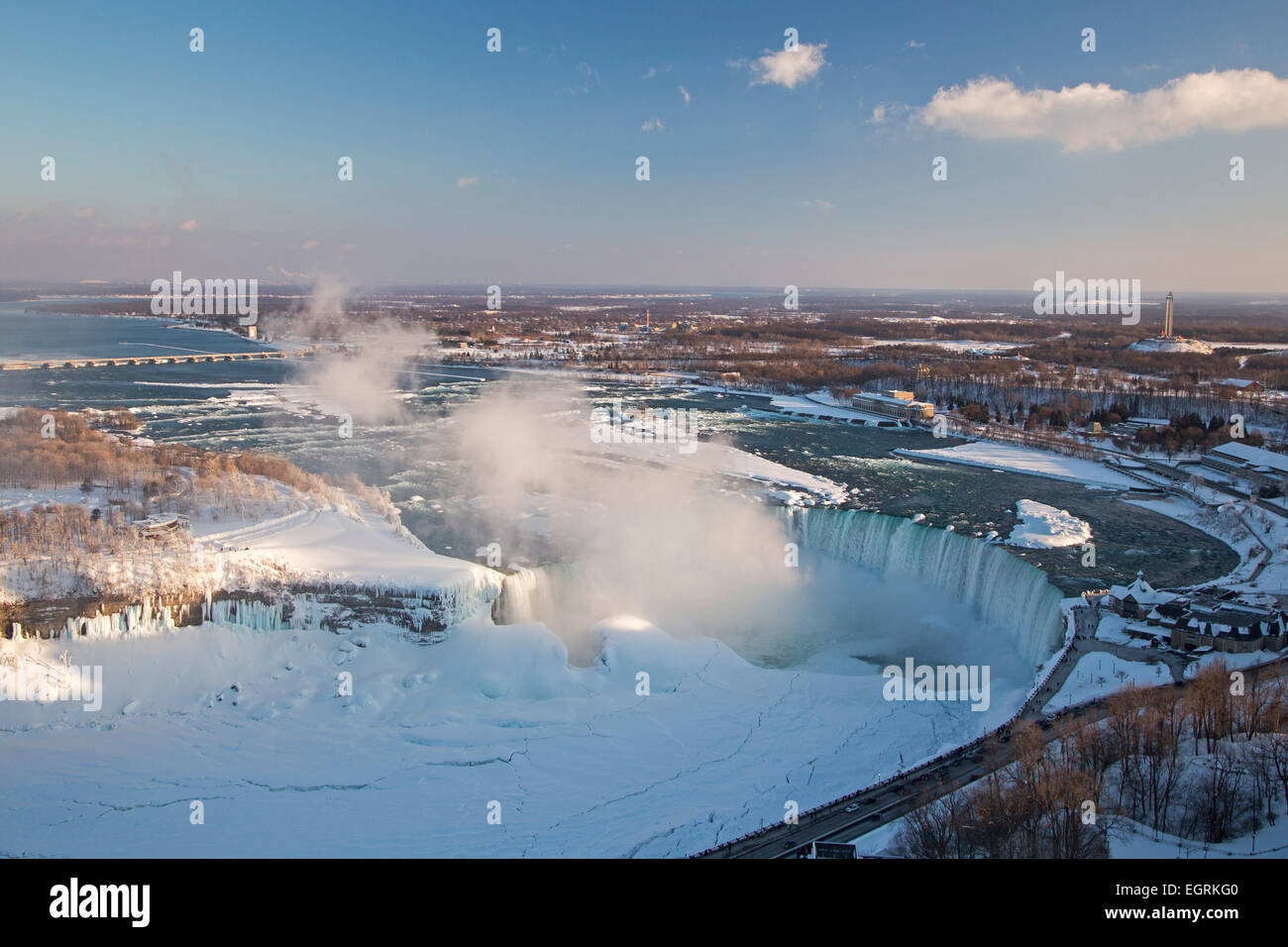 Niagara Falls, Ontario - Niagara Falls im Winter. Die kanadischen Wasserfälle oder Horseshoe Falls, ist auf der rechten Seite. Stockfoto