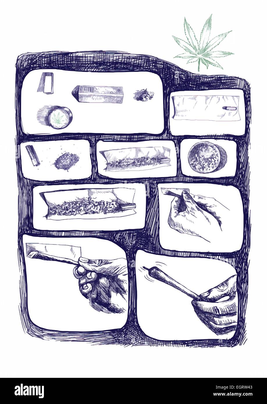 Eine handgezeichnete Illustrationen - (Marker-Technik) - Marihuana-Joint vorbereiten Stock Vektor