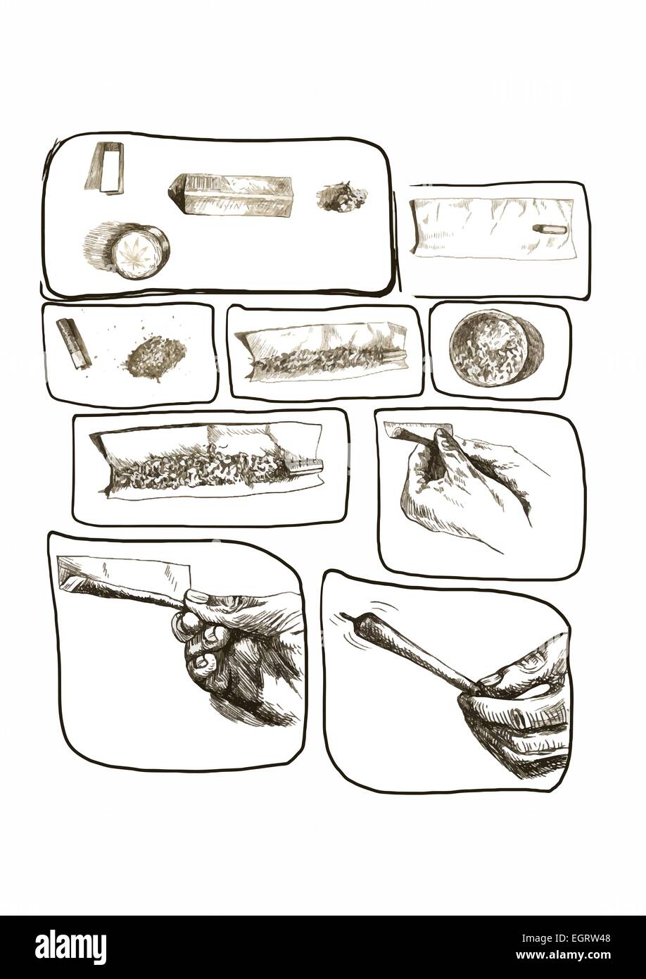 Eine handgezeichnete Illustrationen - (Marker-Technik) - Marihuana-Joint vorbereiten Stock Vektor
