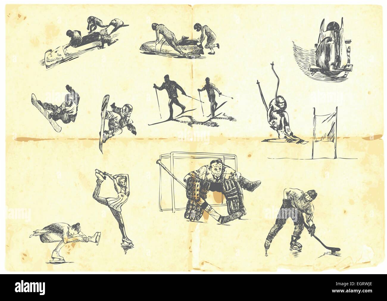 Hand gezeichnet, eine große Sammlung von Wintersport - Skifahren, Eishockey, Eiskunstlauf, etc.. Detaillierte und präzise Arbeit. Stock Vektor