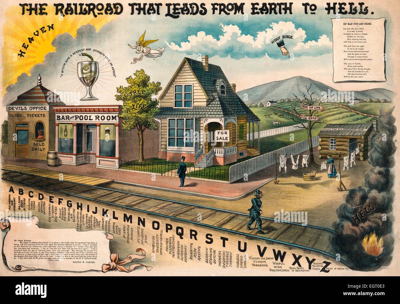 Die Eisenbahn, die von der Erde zur Hölle führt! 1895 Temperance Plakat Stockfoto