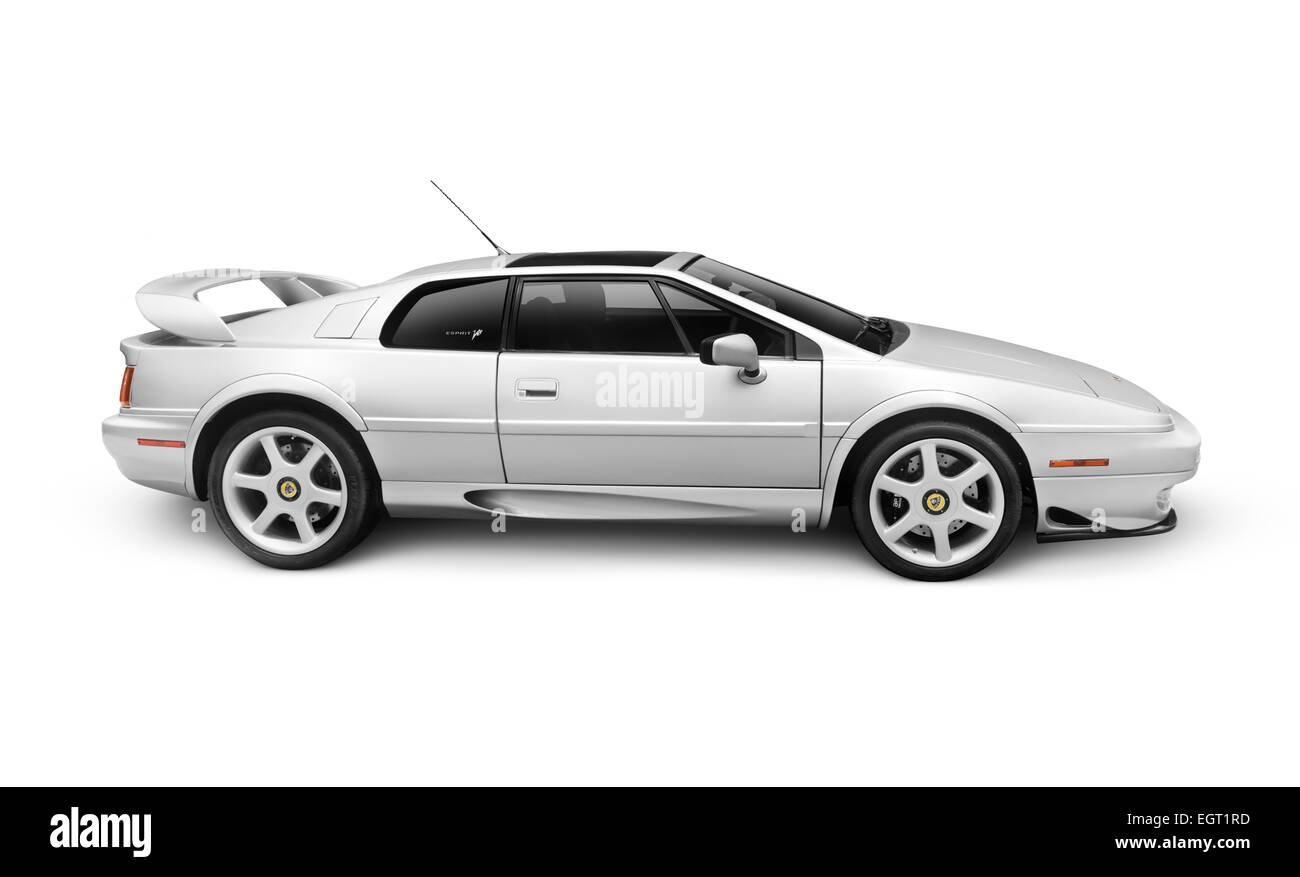 Führerschein und Ausdrucke unter MaximImages.com - Silver 1997 Lotus Esprit V8 Sportwagen isoliert auf weißem Hintergrund mit Beschneidungspfad Stockfoto