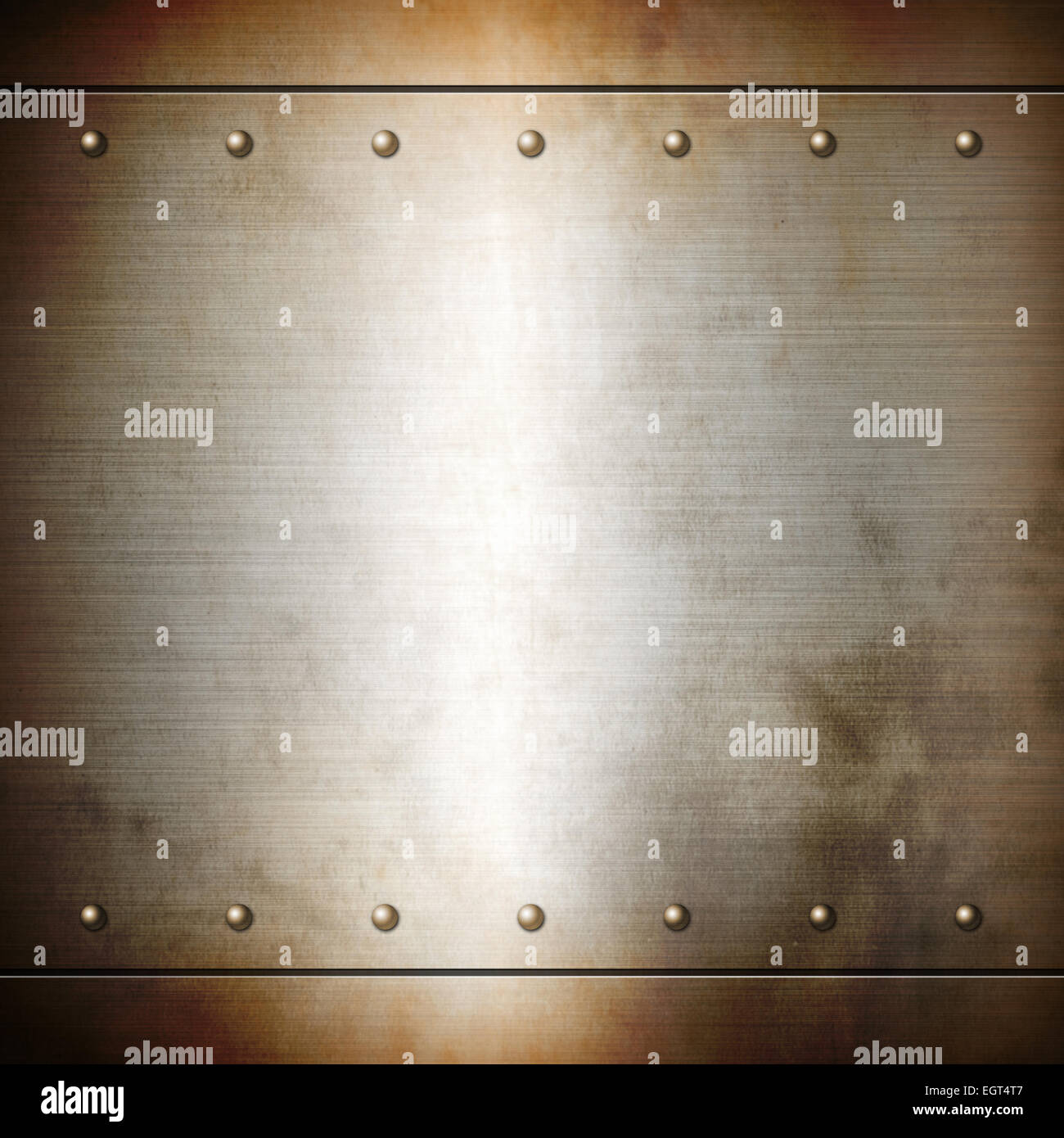 Rostigem Stahl genietet gebürstete Platte Hintergrundtextur. Metallrahmen-Hintergrund Stockfoto