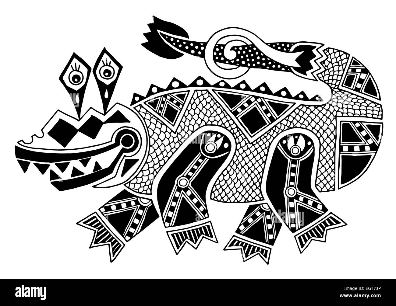 schwarze und weiße authentische dekorative Originalzeichnung von crocodi Stockfoto