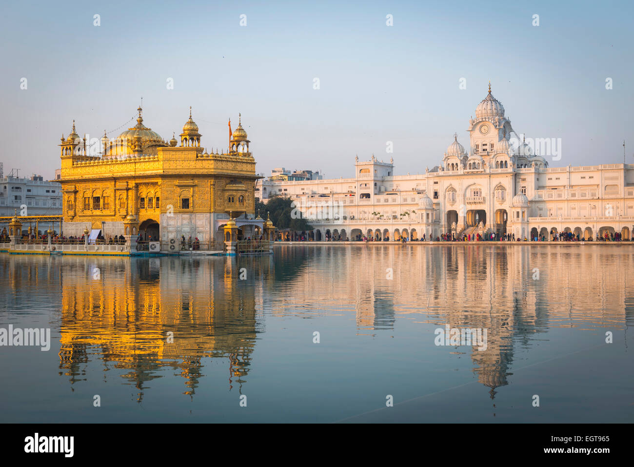 Der Goldene Tempel von Harmandir Sahib beleuchtet von der untergehenden Sonne in Amritsar, Indien Stockfoto