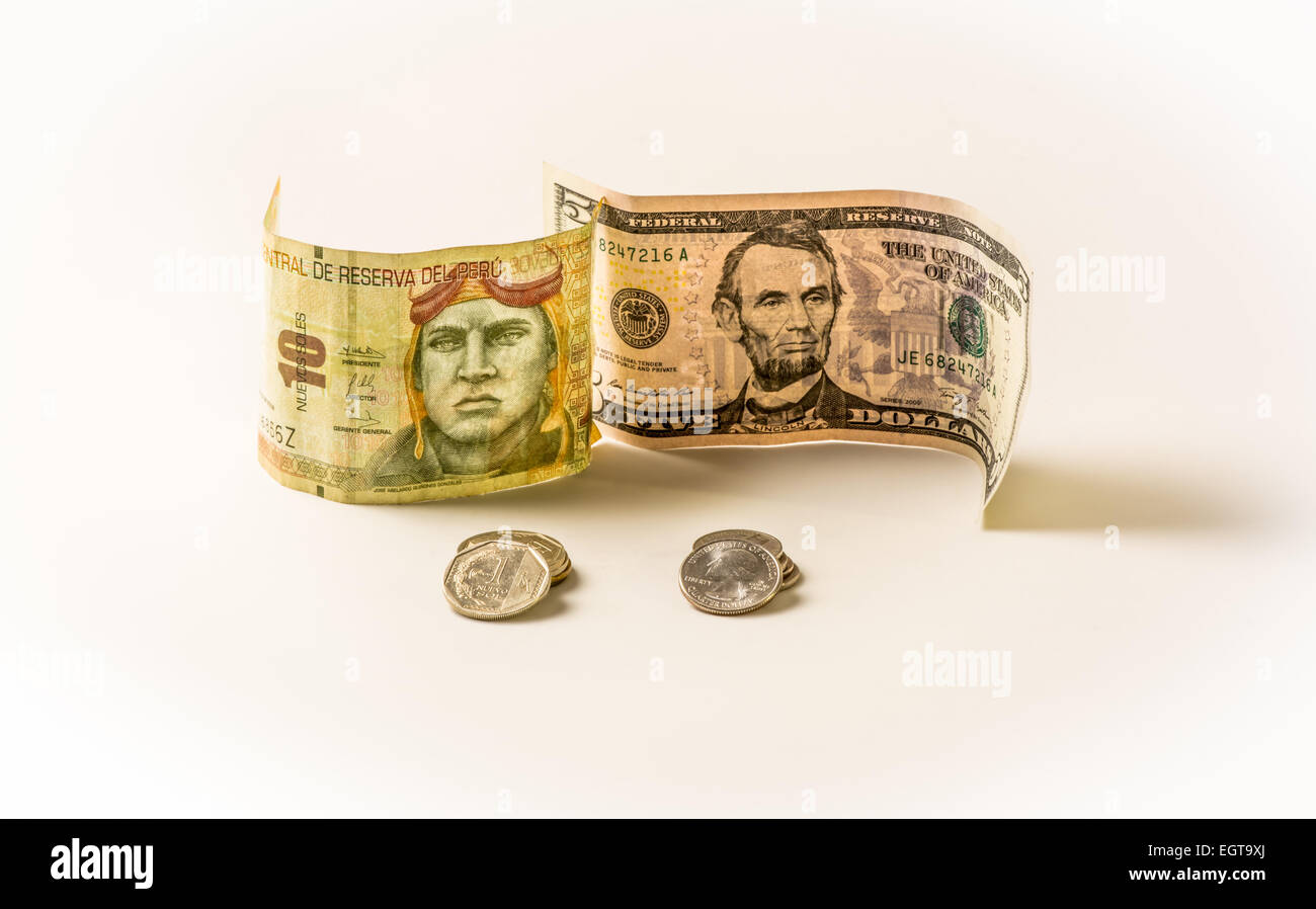 Peru und Vereinigte Staaten Währung Stockfoto
