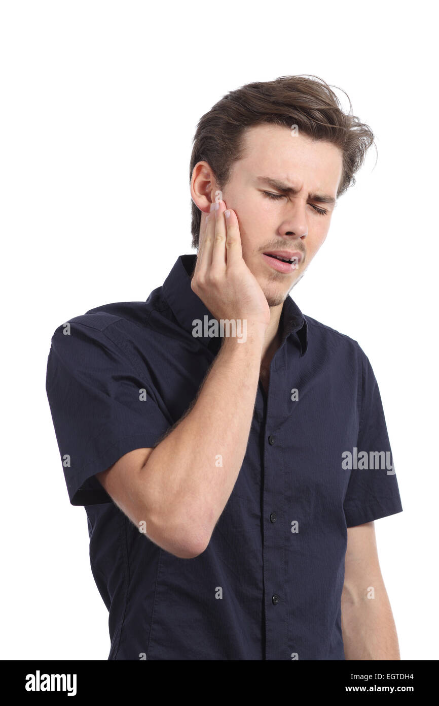 Legerer Mann leiden Zahnschmerzen mit Hand drücken auf Gesicht isoliert auf weißem Hintergrund Stockfoto