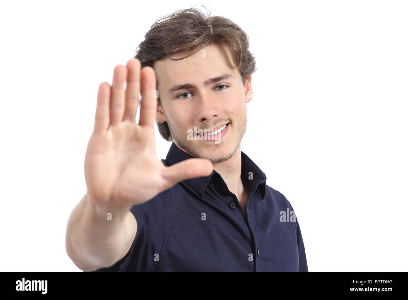 Gut aussehender Mann gestikulieren Stop oder Rahmung isoliert auf weißem Hintergrund Stockfoto