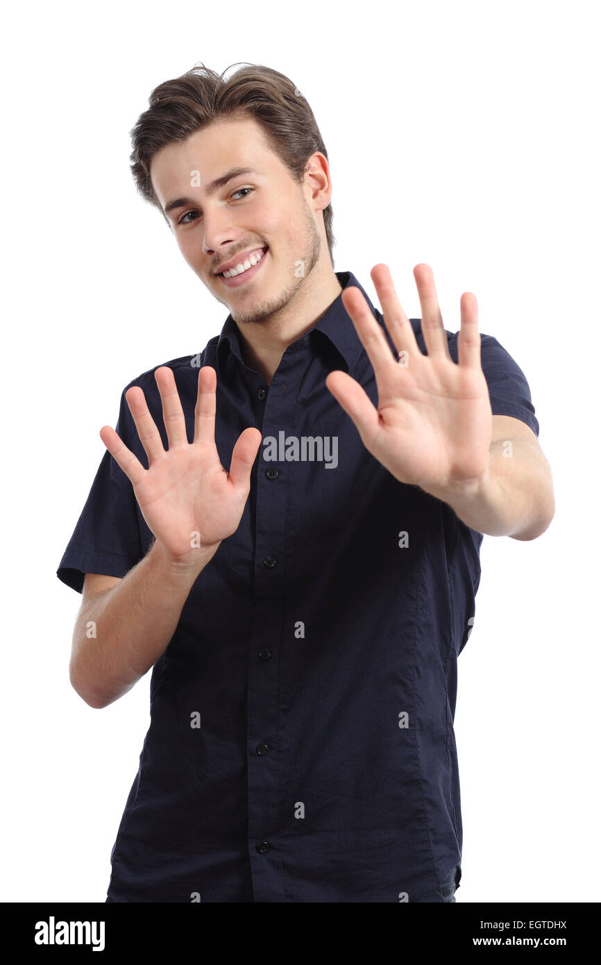 Glücklicher Mann ablehnen und Gestikulieren Stop mit Händen auf einem weißen Hintergrund isoliert Stockfoto