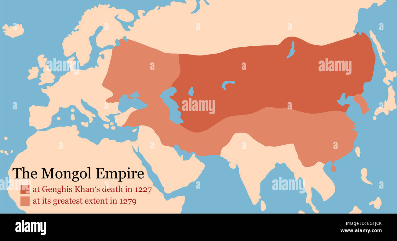 Mongolisches Reich Karte Dschingis Khans Tod im Jahre 1227 und seine größte Ausdehnung im Jahre 1279. Stockfoto
