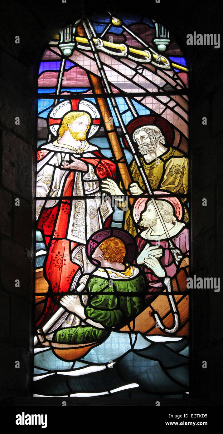 Glasmalerei-Fenster Darstellung Christus beruhigt den Sturm auf See Stockfoto