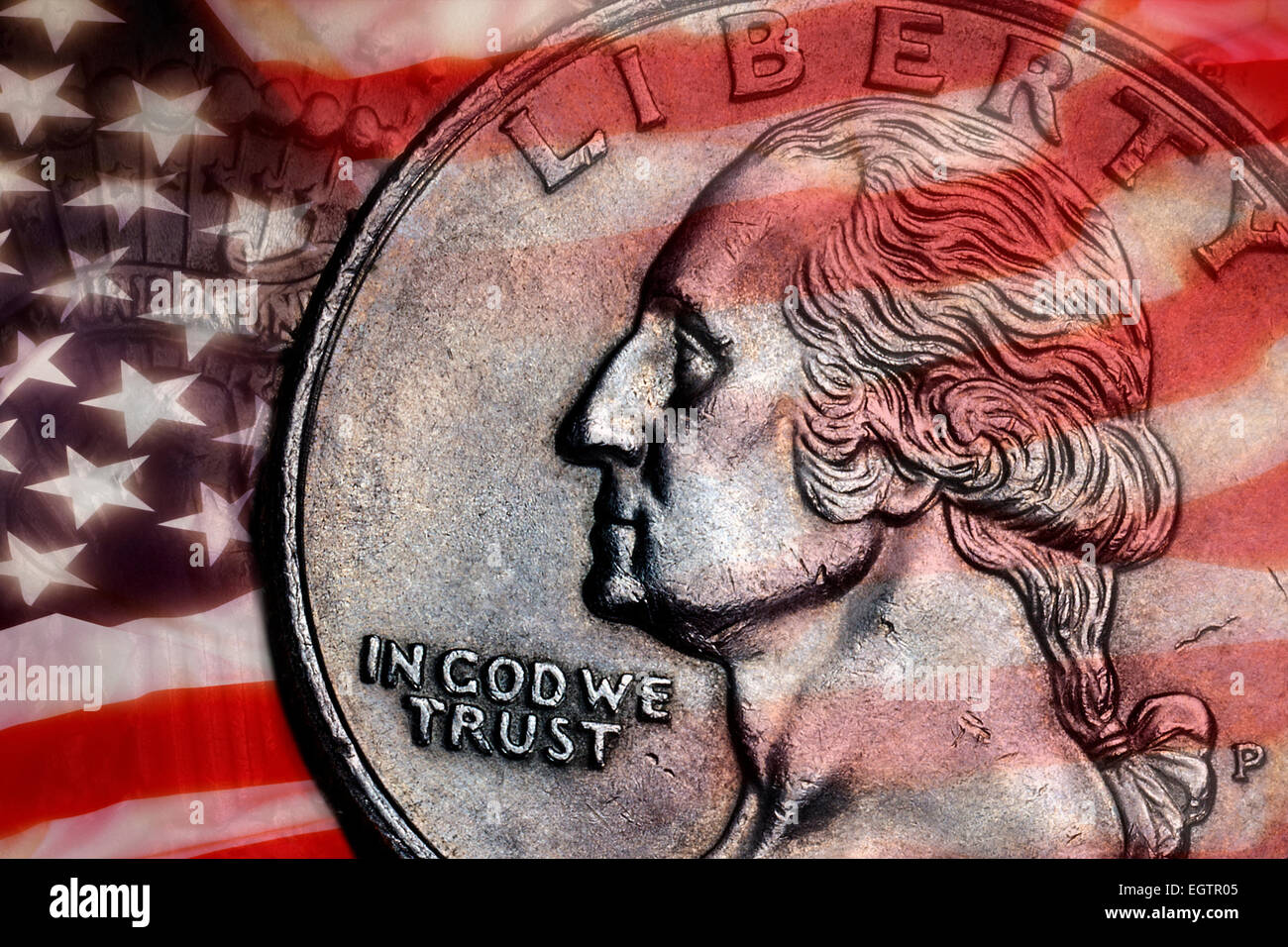 Close-up wir ausführlich auf einer Vereinigten Staaten Viertel Dollar Münze - In Gott vertrauen - Freiheit. Stockfoto