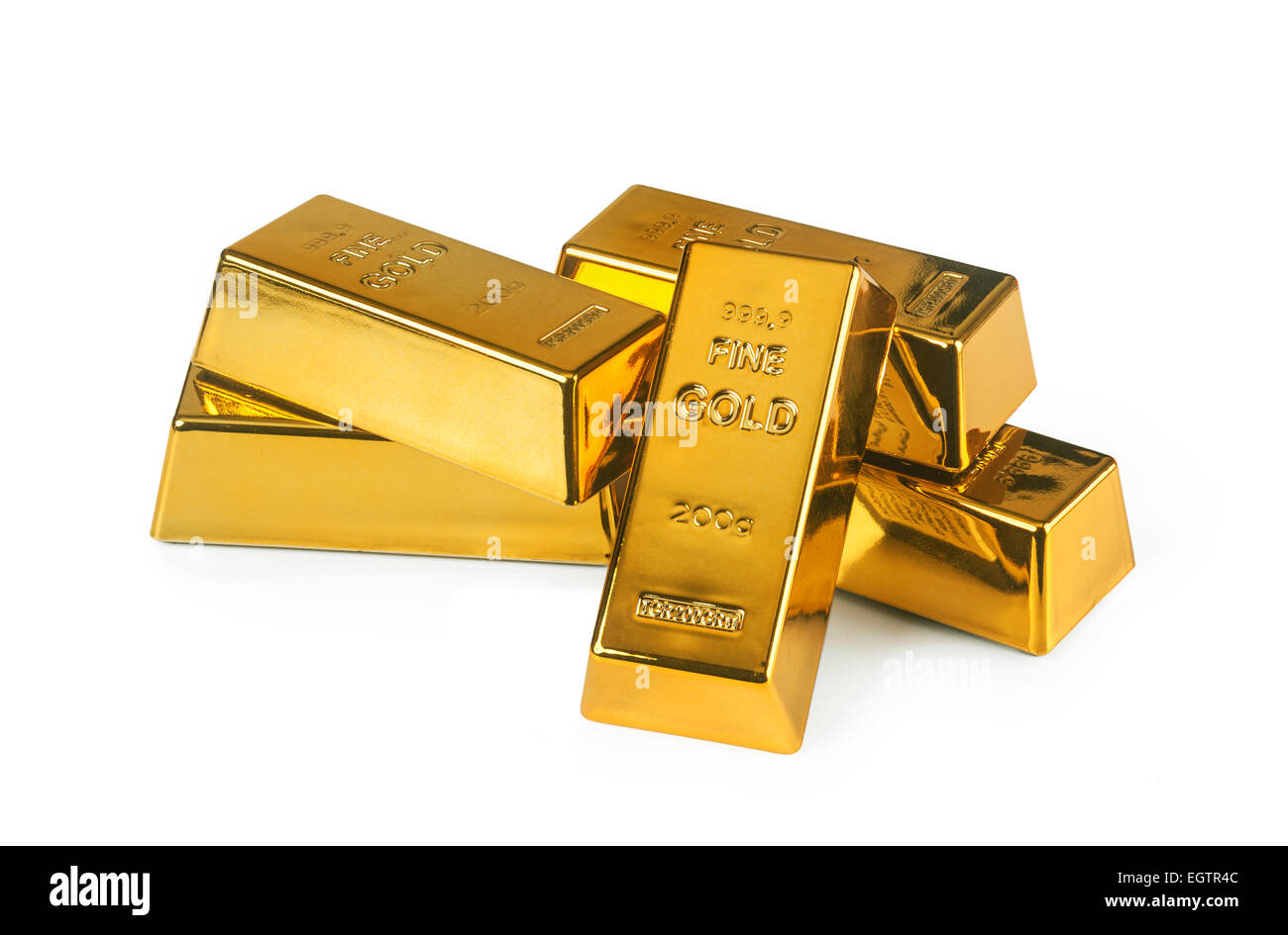 Fünf Goldbarren isoliert auf weißem Hintergrund Stockfoto