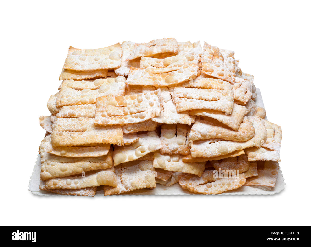 Versuchen Sie Chiacchiere oder Frappe, italienische frittierte Gebäck auf weißem Hintergrund. Stockfoto