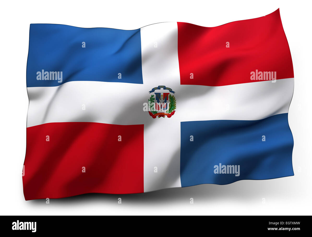 Wehende Flagge der Dominikanischen Republik isoliert auf weißem Hintergrund Stockfoto