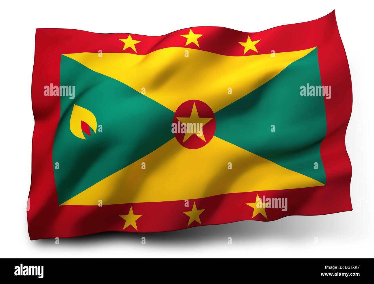 Wehende Flagge von Grenada isoliert auf weißem Hintergrund Stockfoto