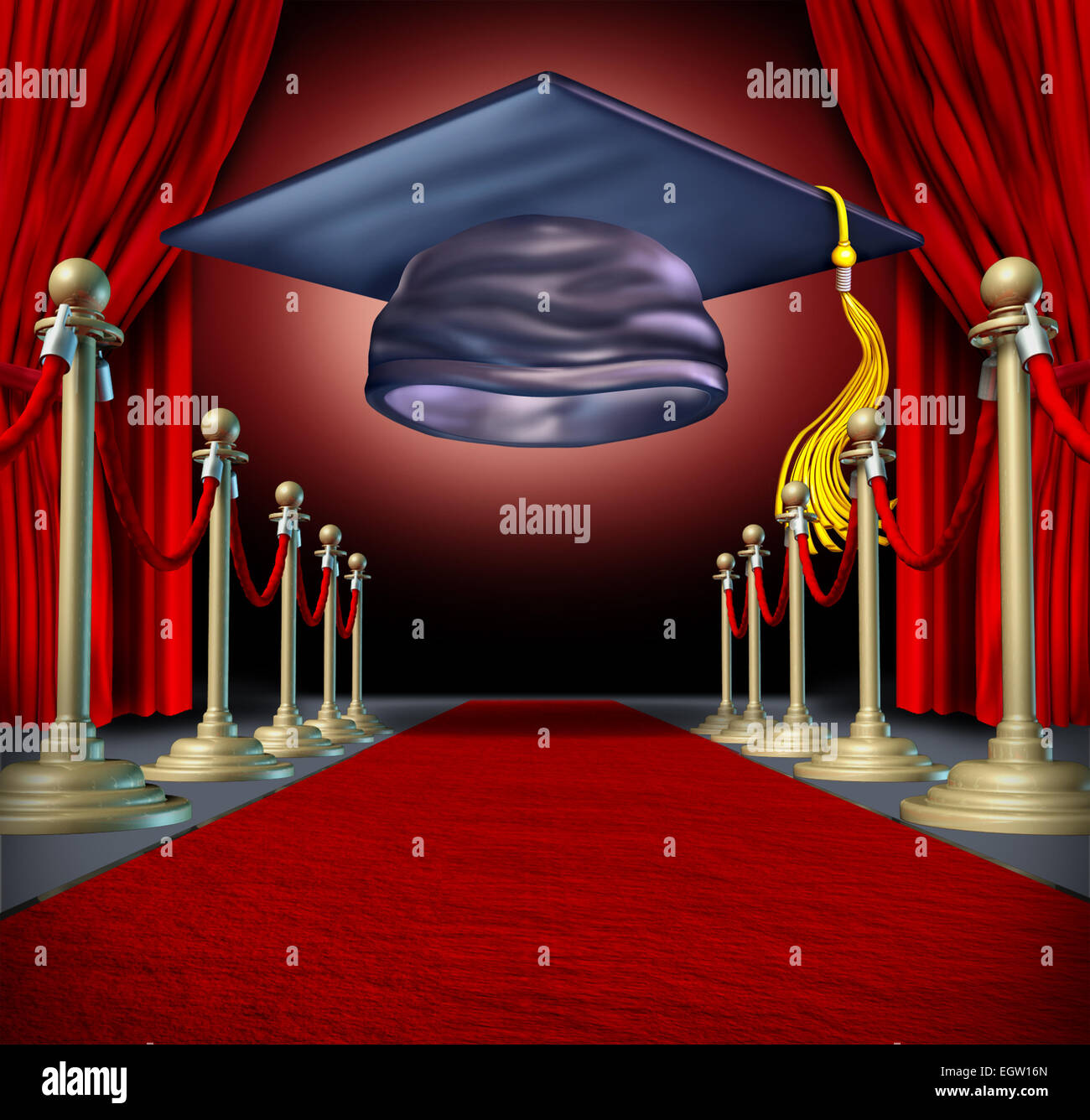 Graduierung Zeremonie und Feier Konzept als ein Doktorhut auf der Theaterbühne auf einem roten Teppich als Bildung Symbol für Schule oder Universität abgeschlossen. Stockfoto