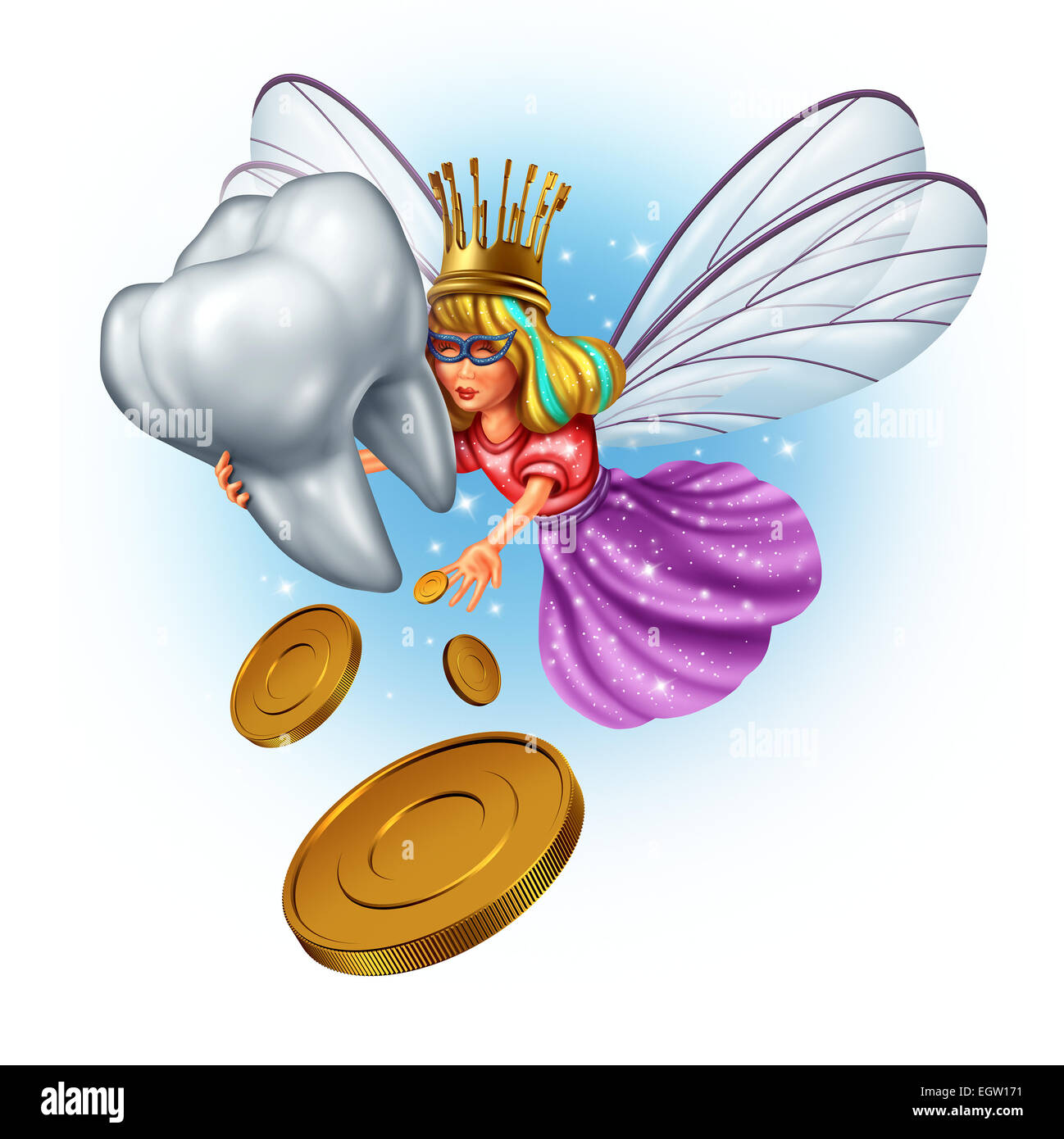 Zahnfee-Charakter als eine mythische und magische Prinzessin tragen einen goldenen Pinsel Zahnkrone aus einem Kindheit Märchen halten eine menschliche Backenzahn und Geld Münzen als Belohnung geben. Stockfoto