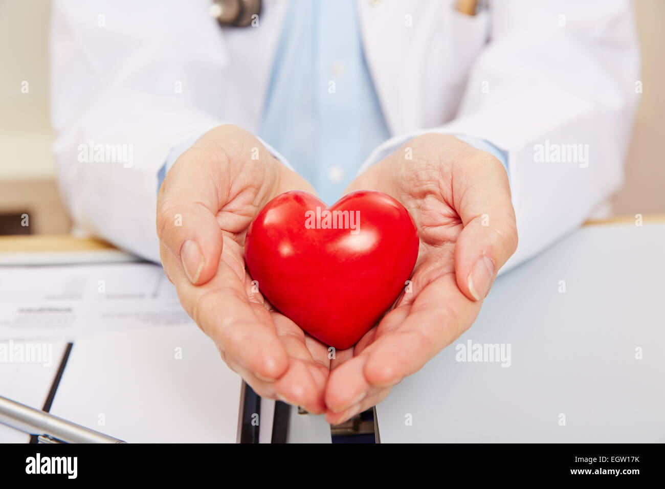 Hand eines Arztes hält ein rotes Herz als Symbol für die Kardiologie Stockfoto