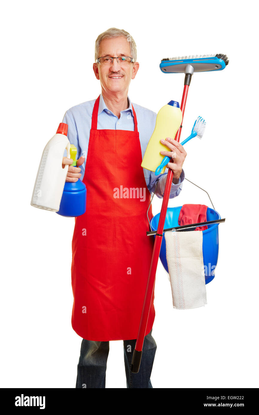 Glücklich Hausmeister mit vielen Reinigungsmittel in seinen Händen Stockfoto
