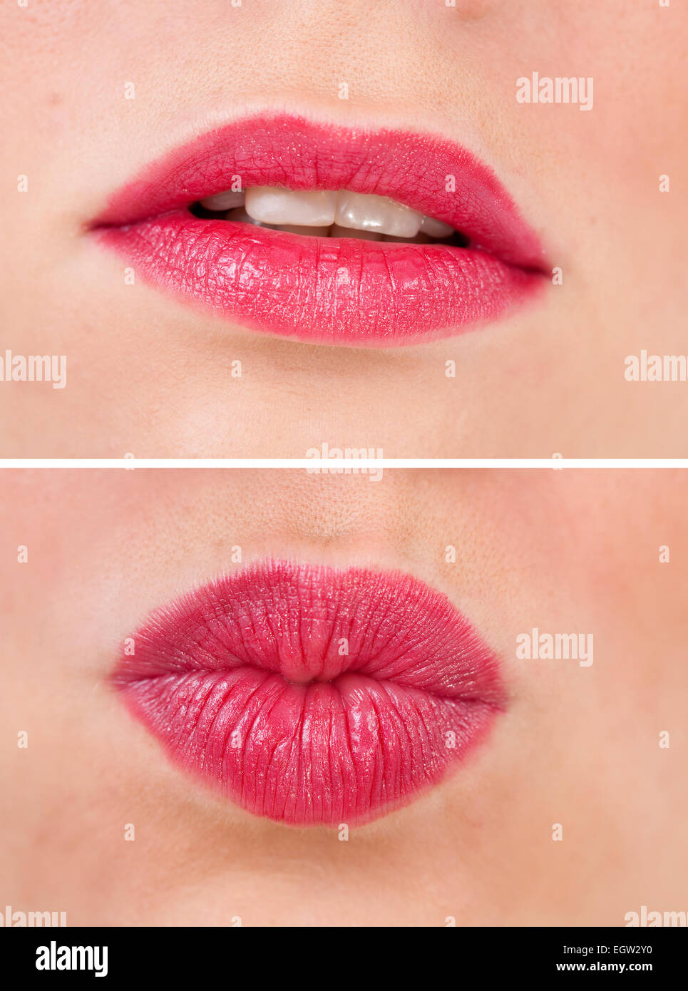 zwei Fotos von roten Mund von jungen Frauen Stockfoto
