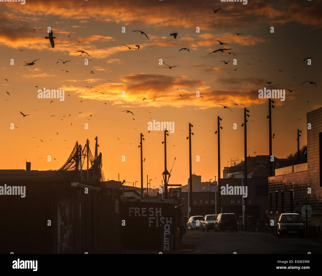 Hastings, East Sussex, UK... 2. März 2015... die Vögel... Sonnenuntergang über der Altstadt Fischmarkt und Stade... David Burr/Alamy Live-Nachrichten Stockfoto
