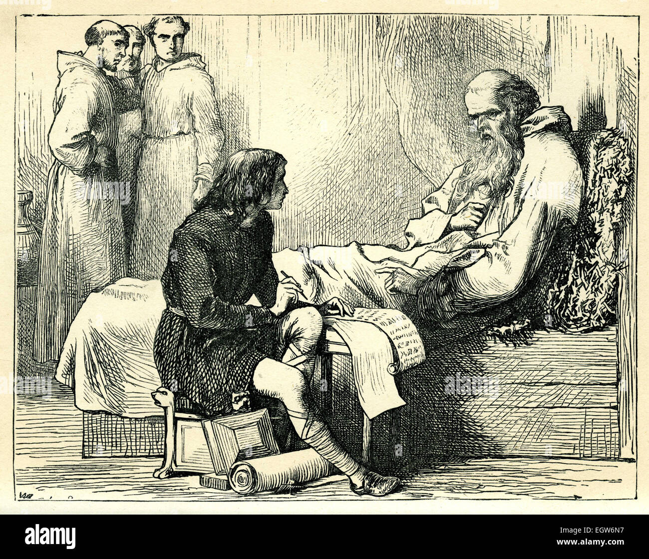 Das venerable Bede, Übersetzung der Bibel auf seinem Sterbebett. Stockfoto