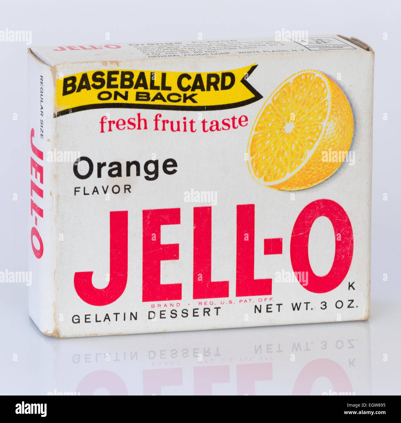 Historische 1963-Box WACKELPUDDING-0 mit einer Major League Baseball-Handelskarte auf der Rückseite Stockfoto